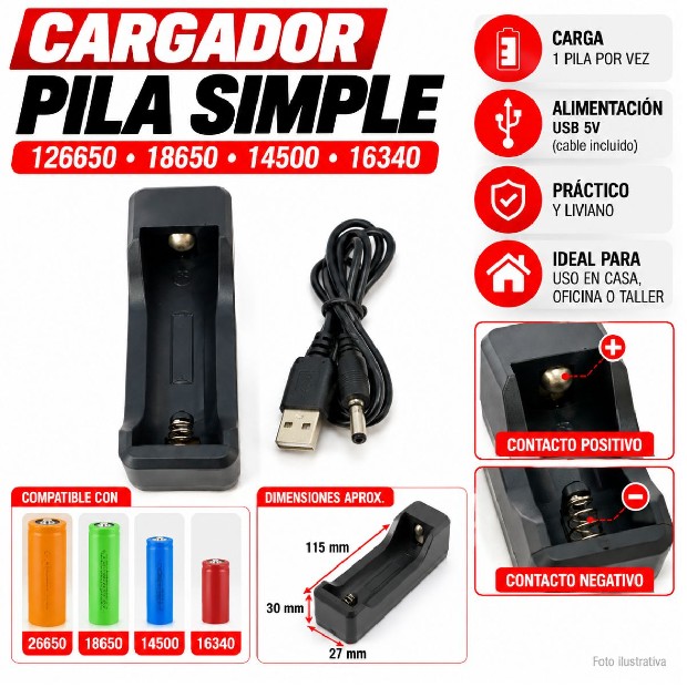 &uu CARGADOR PILA SIMPLE 126650 18650 14500 16340